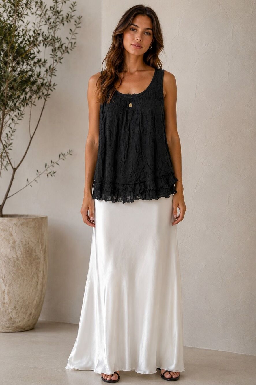 Italian Luxury Boutique Black Bohemian Silk Blend Ruffle Tank Top M